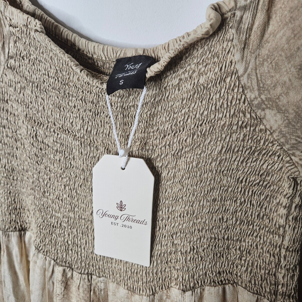 Young Threads Latte Cotton Boho Smocked Patchwork Neutral Flowy Maxi Dress NWT S - Picture 3 of 6